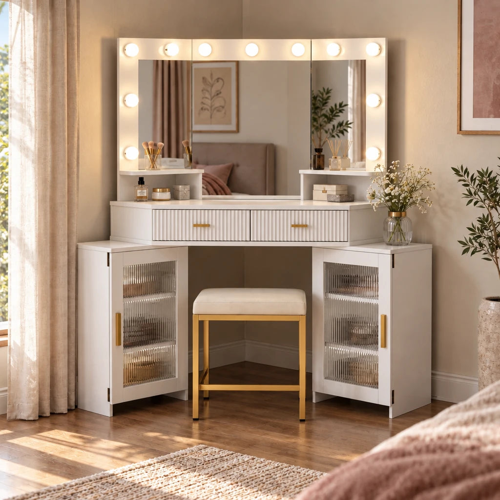 Corner Dressing Table with Hollywood Mirror and Stool