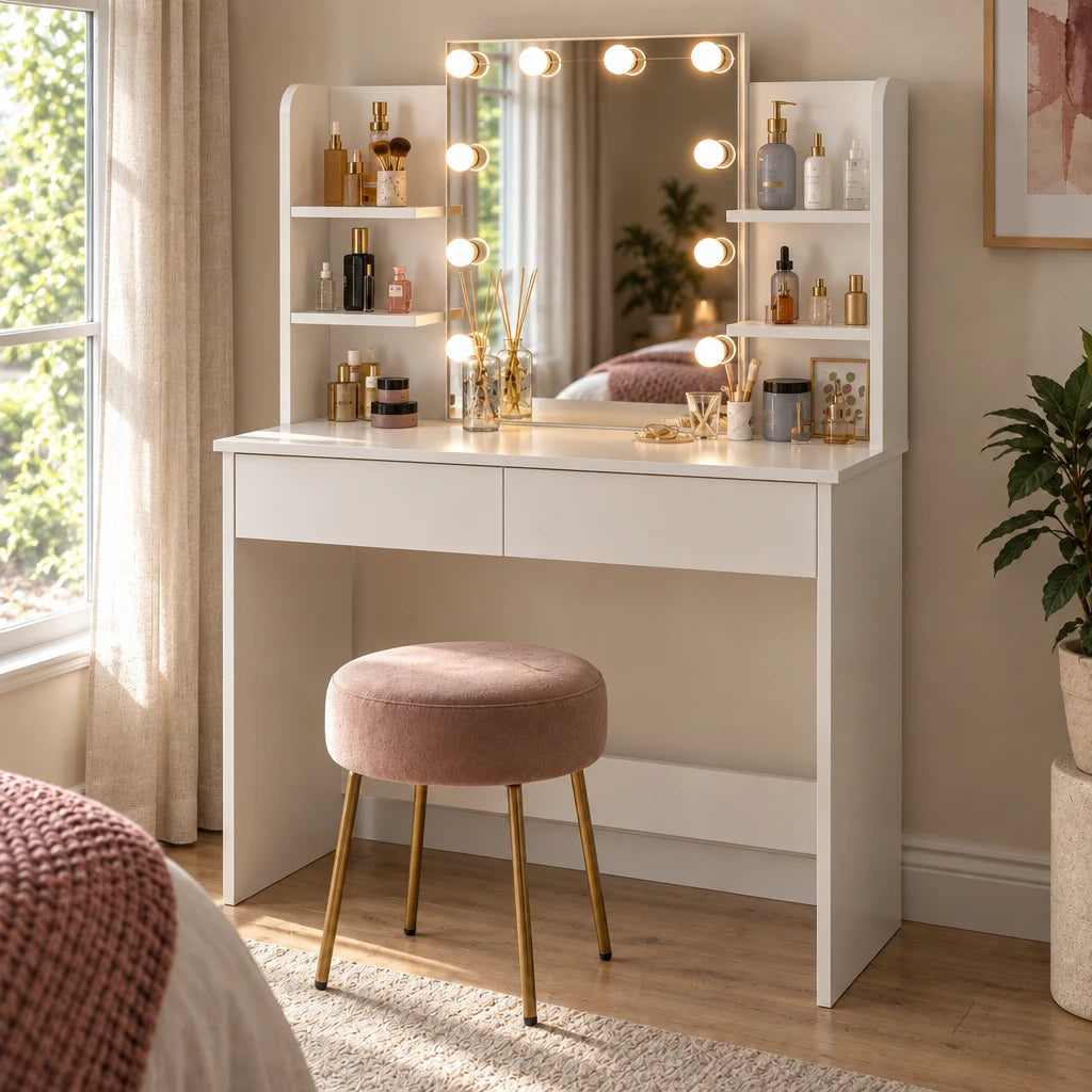 Dressing Table with Hollywood Mirror and 2 Drawers - White, 86cm