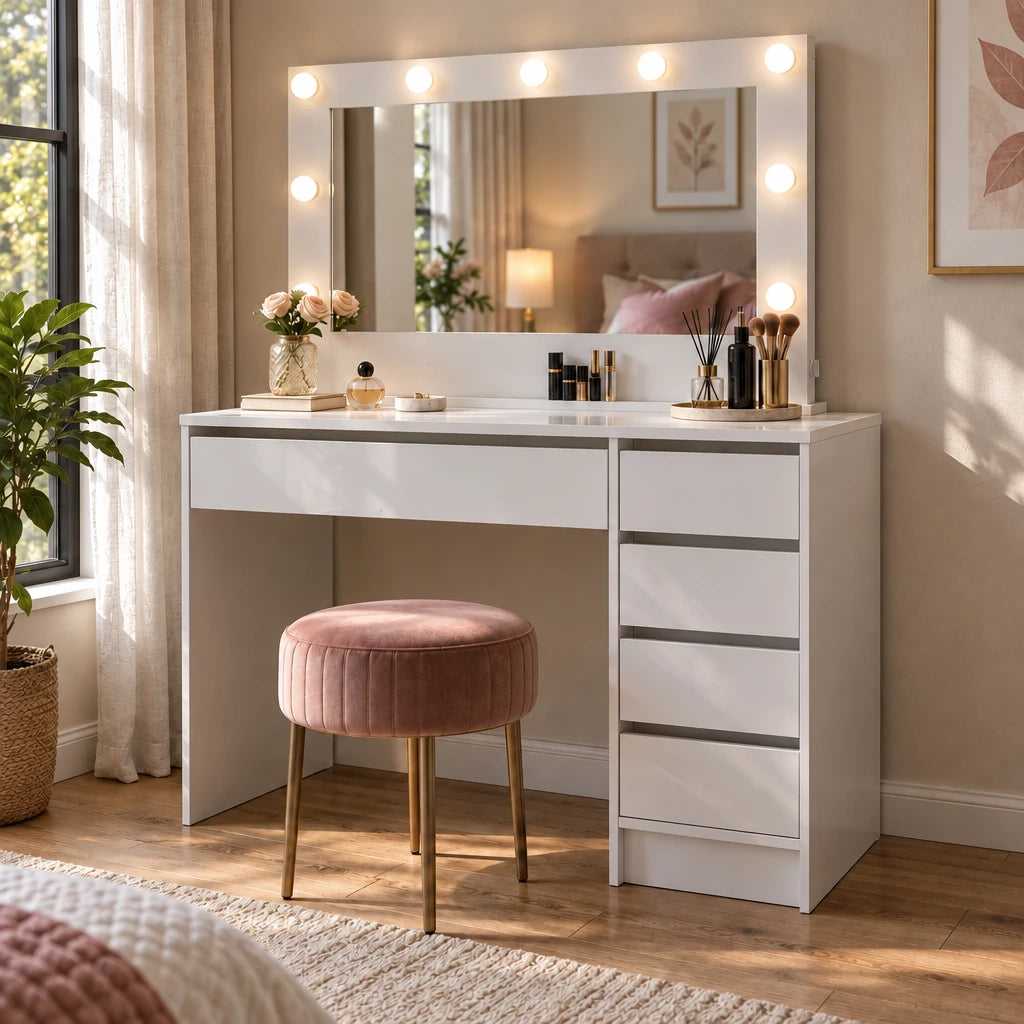 Dressing Table with Hollywood Mirror and 5 Drawers - White, 120cm
