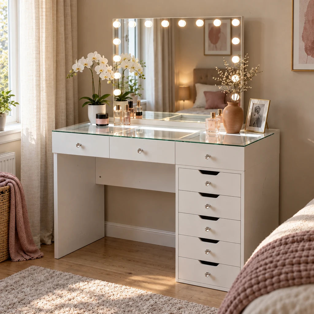 Dressing Table with Hollywood Mirror and 8 Drawers - White, 120cm