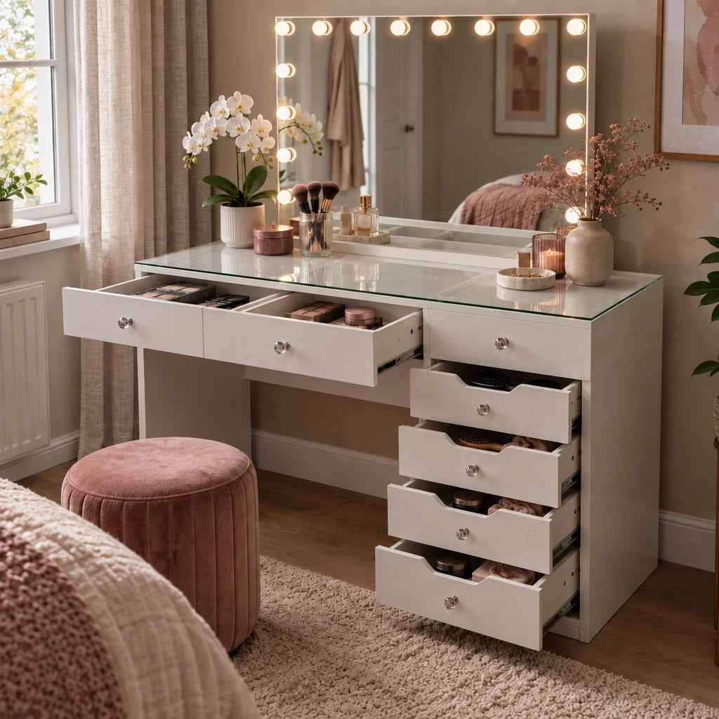 Serena Hollywood dressing table with drawers open