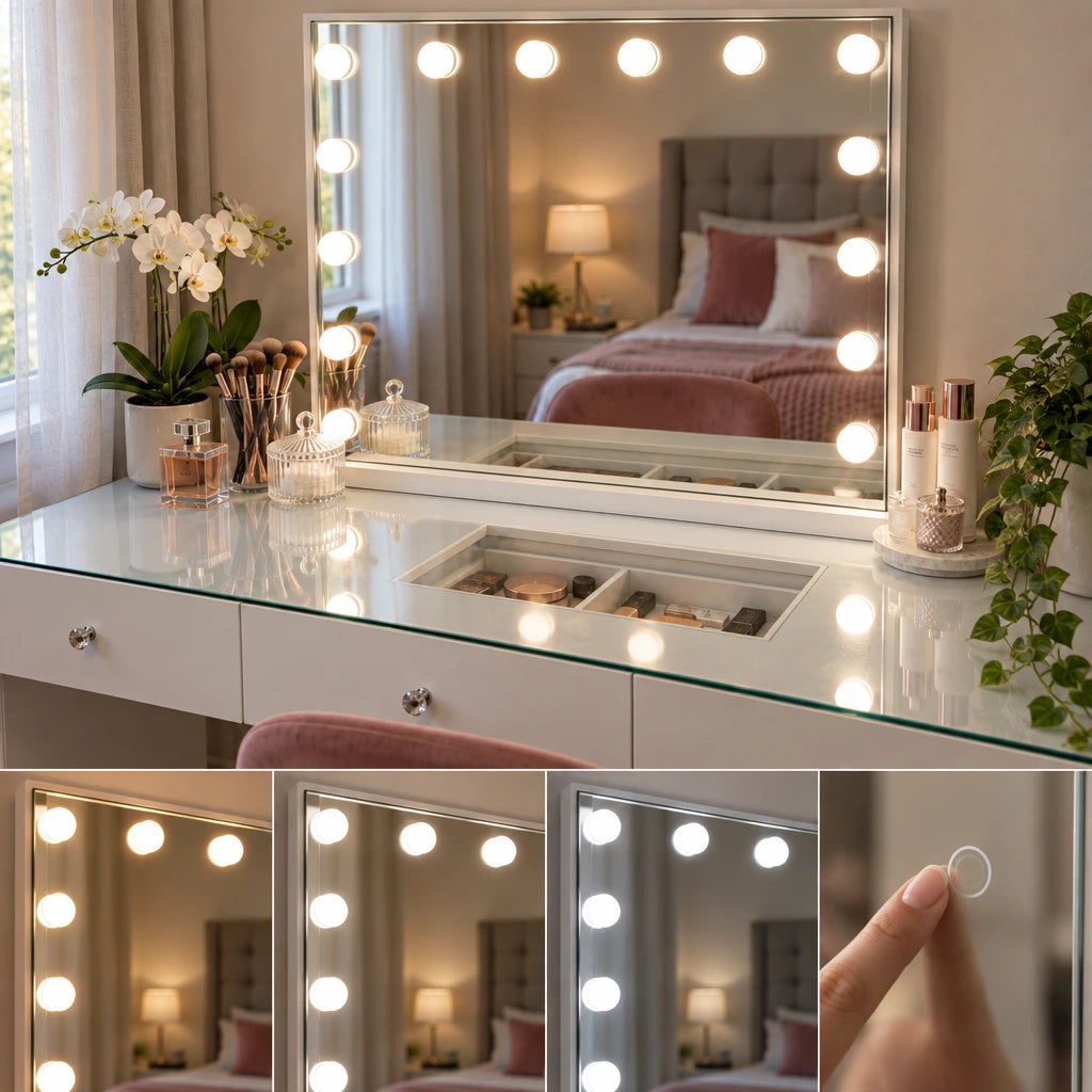Serena Hollywood dressing table, mirror lights on