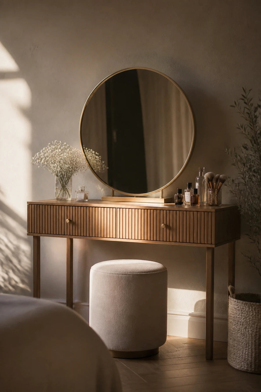 Wooden dressing table with a round mirror and a stool in a bedroom