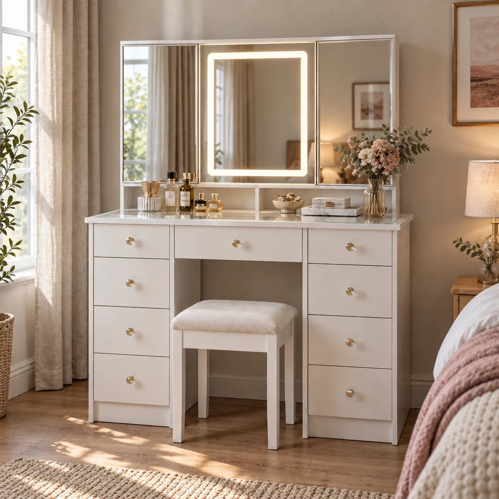 Dressing Table with Tri-Fold LED Mirror and 9 Drawers - White, 110cm