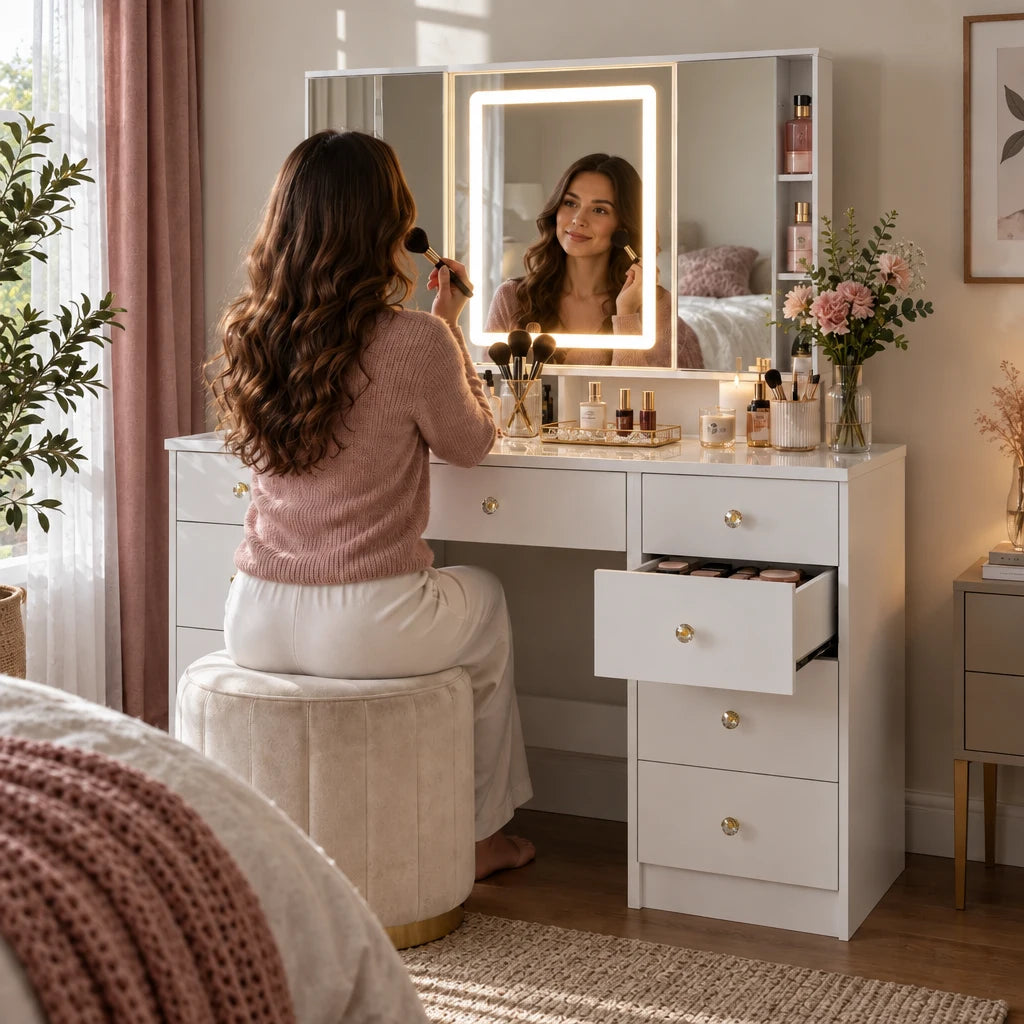 Woman doing her makeup at the Livia tri-fold mirror dressing table