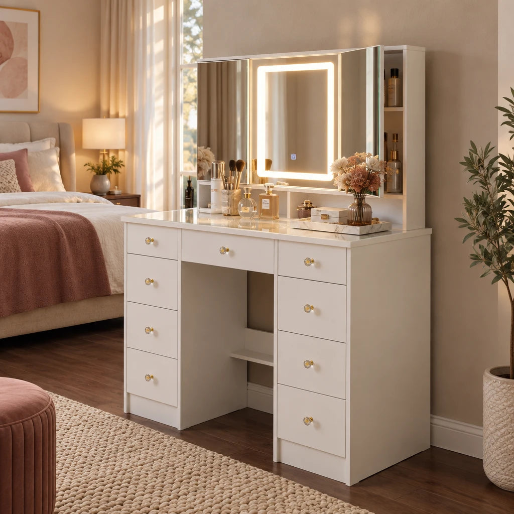 Livia tri-fold mirror dressing table, side view