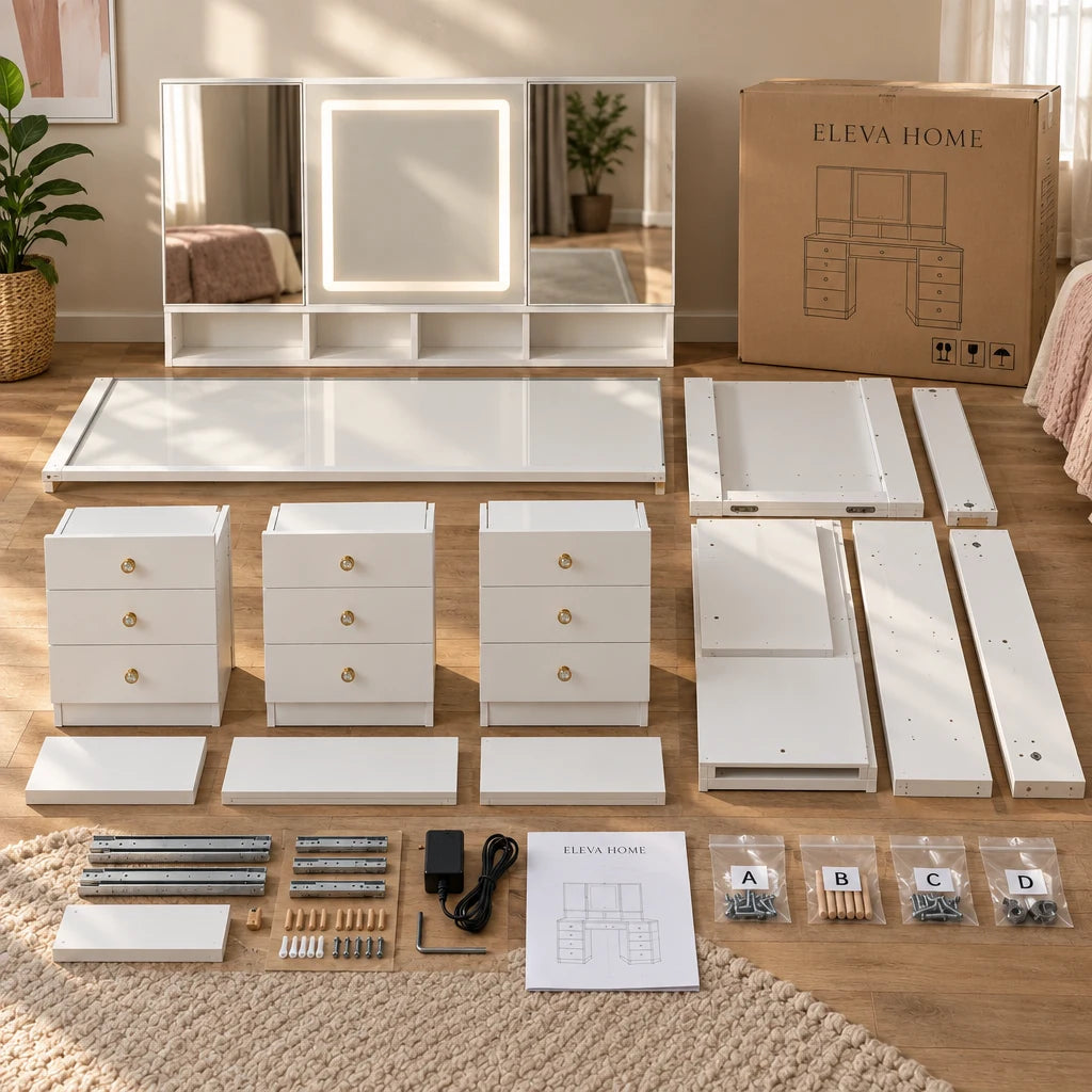 Livia tri-fold mirror dressing table, box contents and fixings
