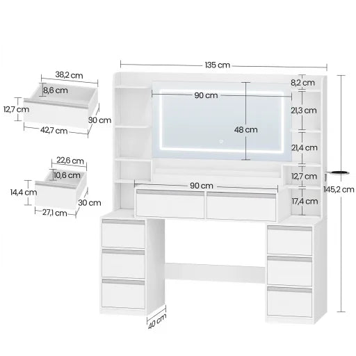 Coiffeuse LIORA - miroir LED, 8 tiroirs
