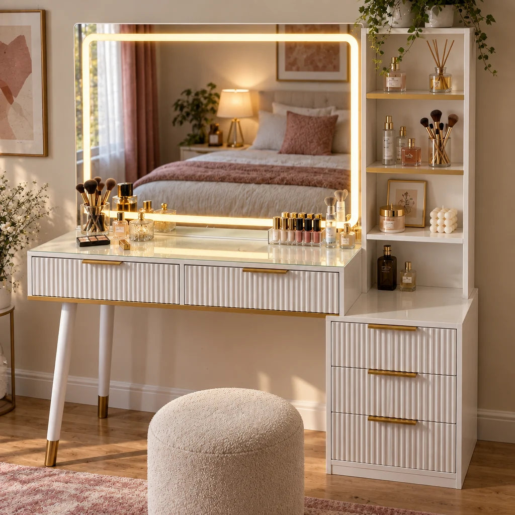 Celeste fluted dressing table, mirror lights on