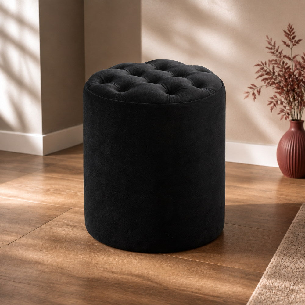 After Dark Tufted Velvet Pouffe in Black | Eleva regenerated |01