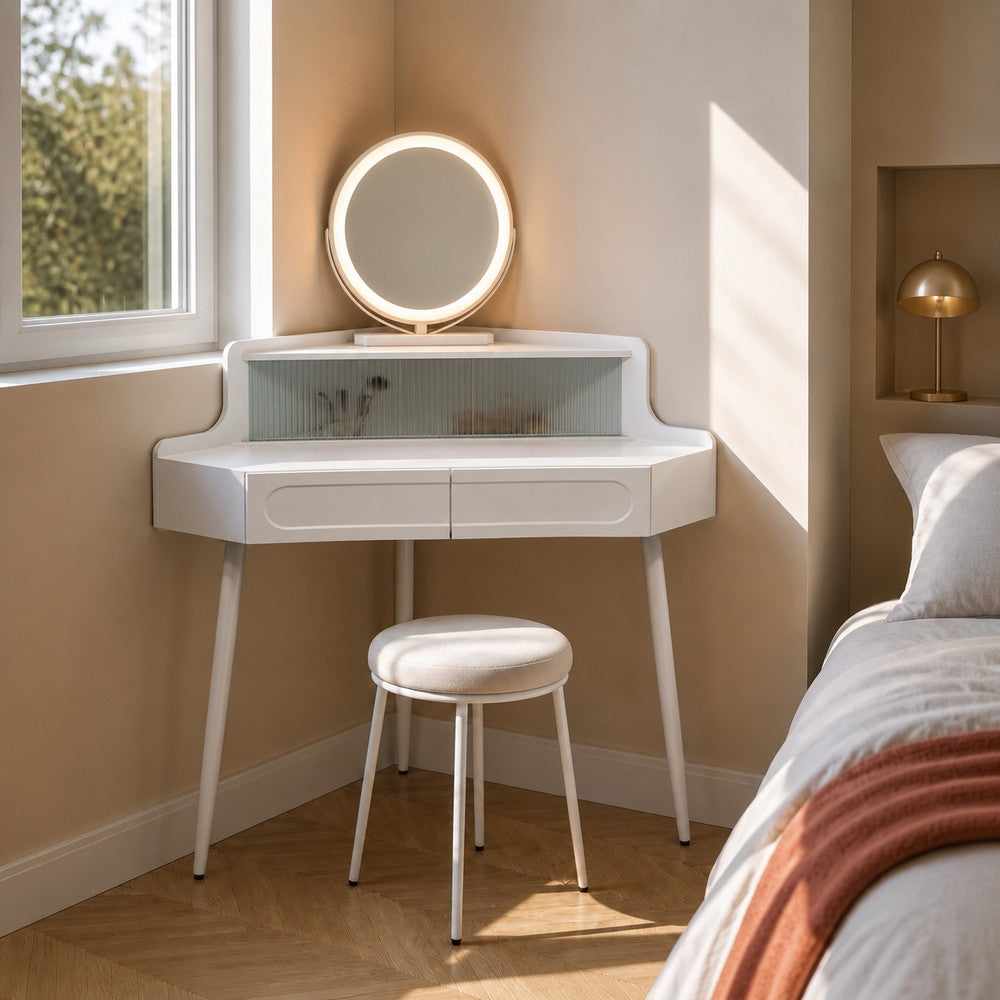 Quiet Corner Dressing Table with Round Mirror | Eleva regenerated |01