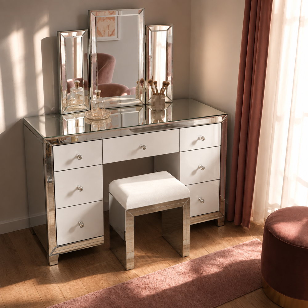 Mirror Mirror Tri-Fold Vanity Set with Stool | Eleva regenerated |02