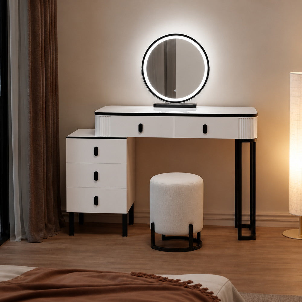 Monochrome Chic Round Mirror Dressing Table | Eleva regenerated |02