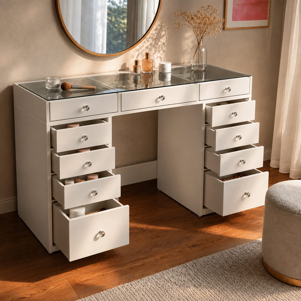 Jewel Box Glass-Top Dressing Table in White | Eleva regenerated |03