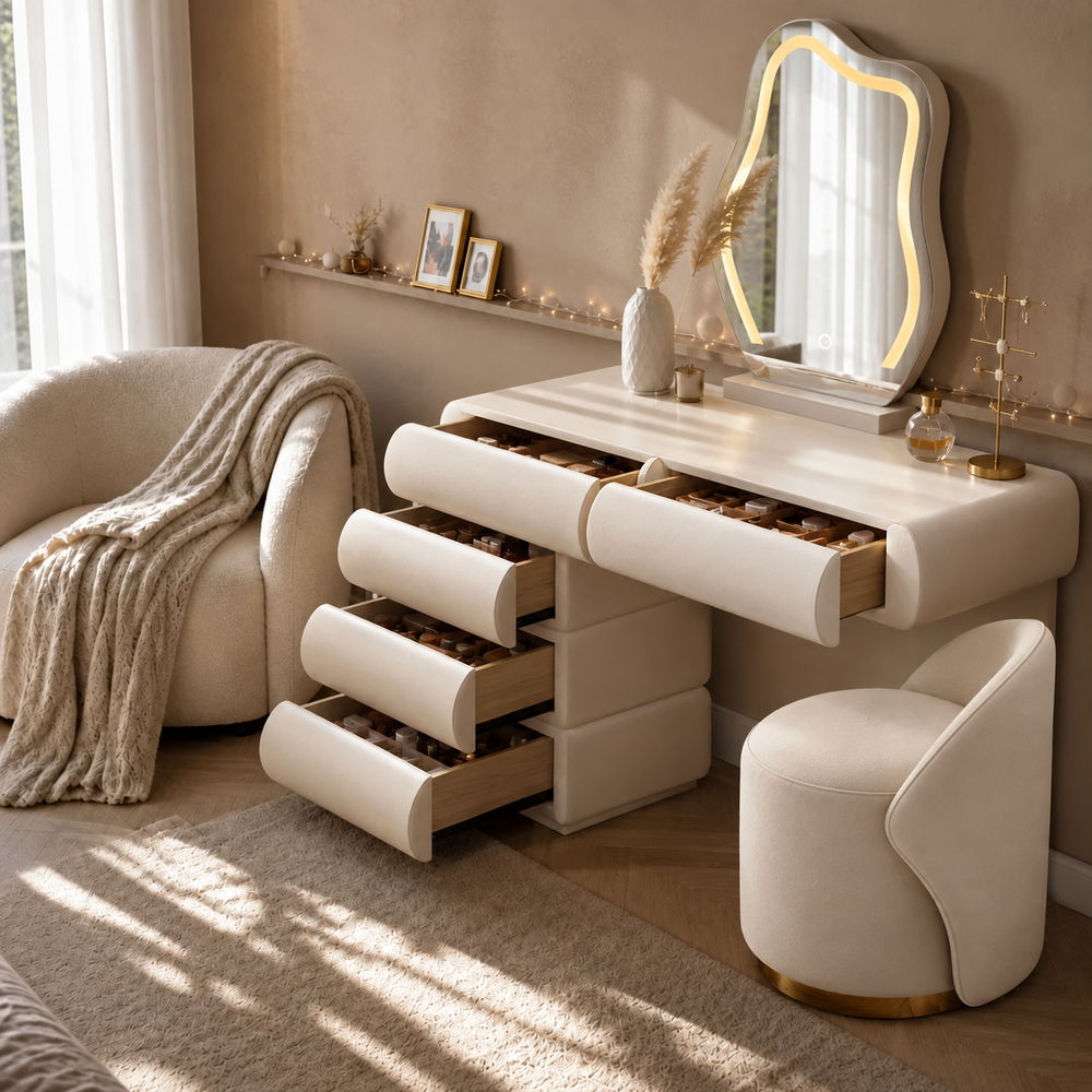 Pillow-Soft Faux Leather Vanity Set in White | Eleva regenerated |03