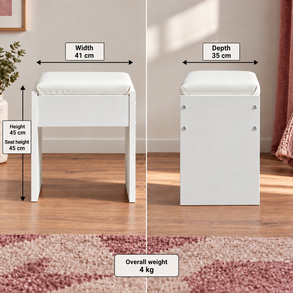 Clean Slate Padded Vanity Stool in White | Eleva regenerated |04