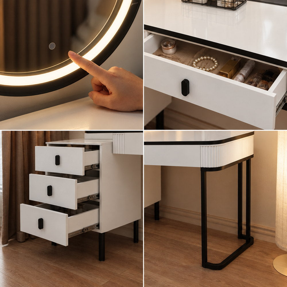 Monochrome Chic Round Mirror Dressing Table | Eleva regenerated |07