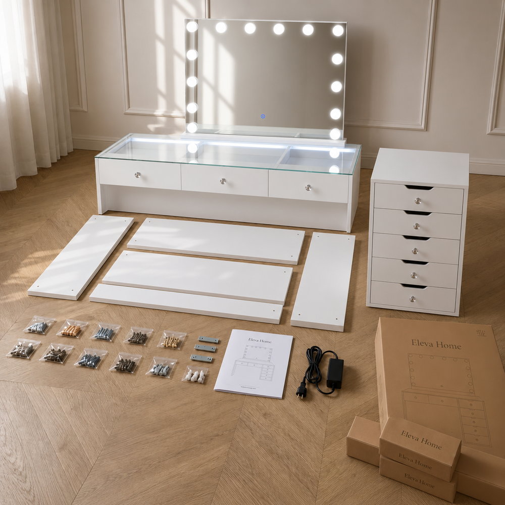 Big Reveal Vanity Table with Glass Top | Eleva regenerated |09