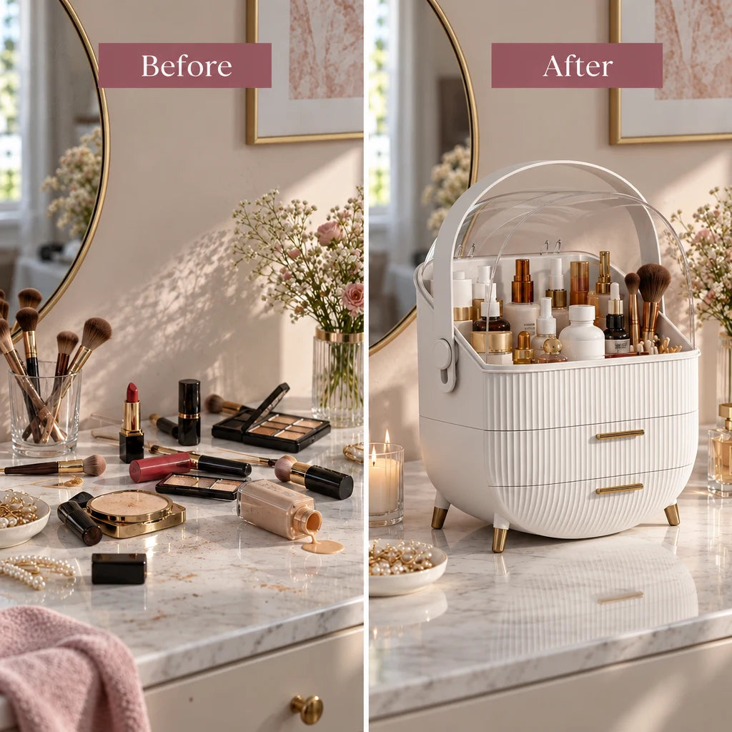 Dottie dome makeup organiser, before and after tidying