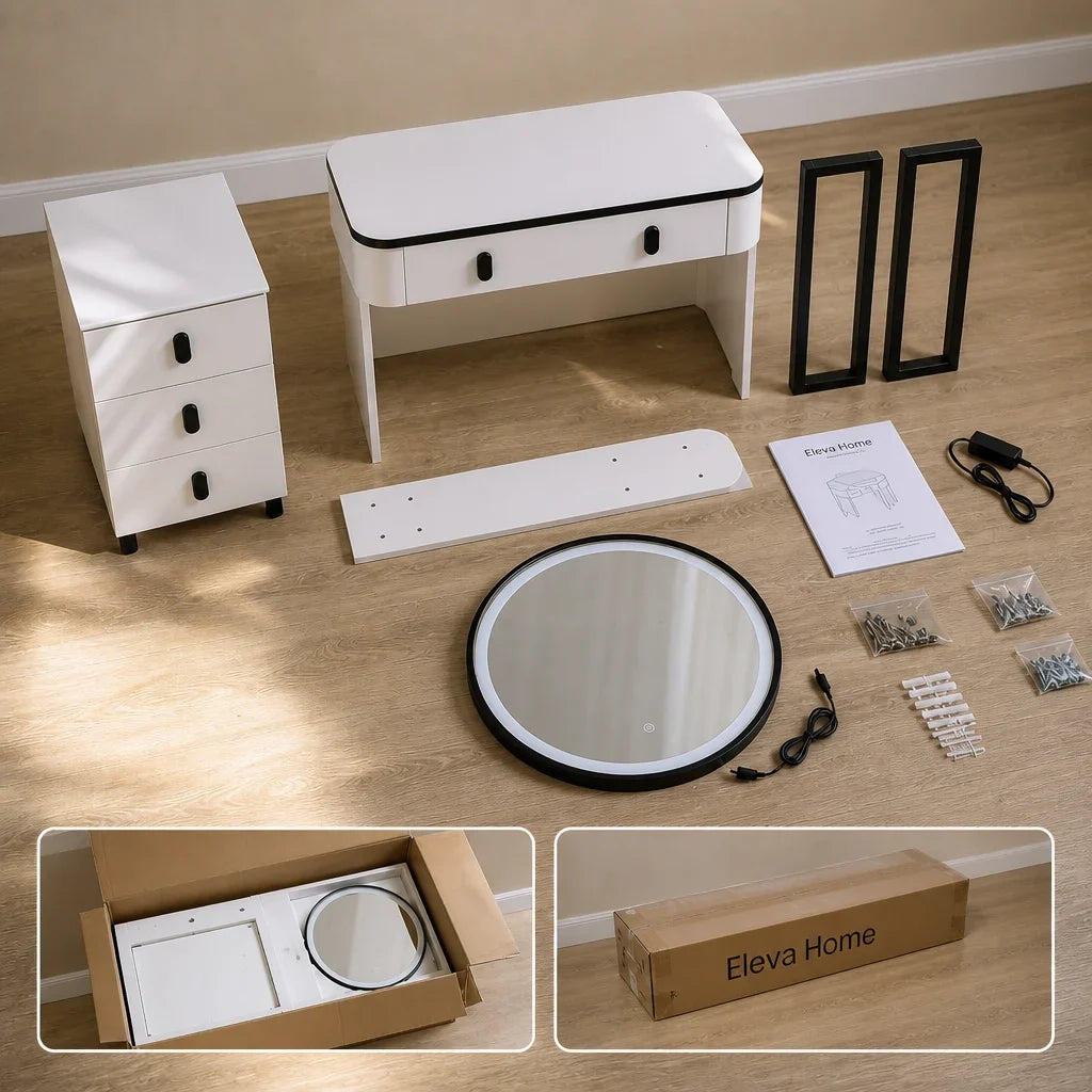 Coiffeuse LYRA - miroir LED, blanc et noir