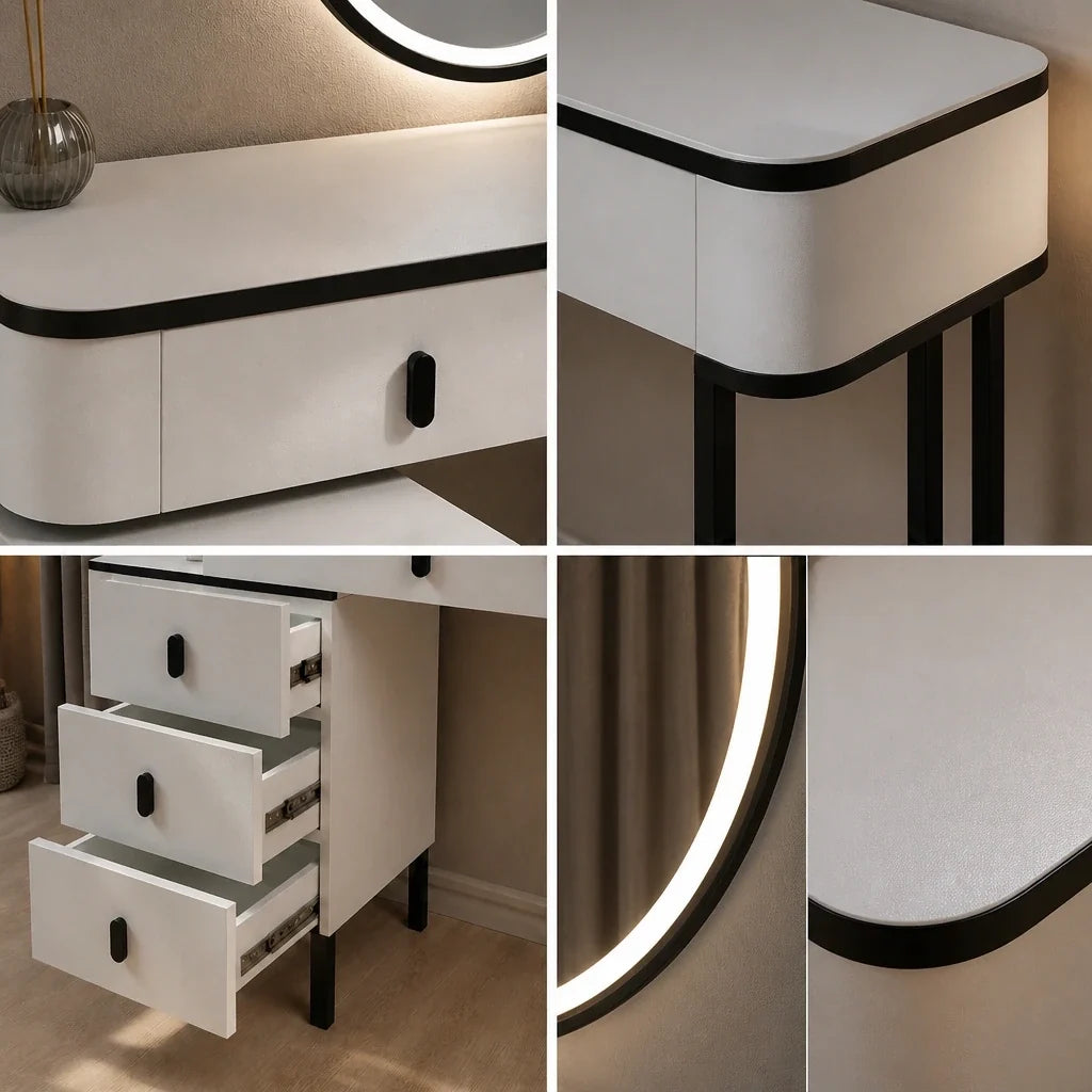 Coiffeuse LYRA - miroir LED, blanc et noir