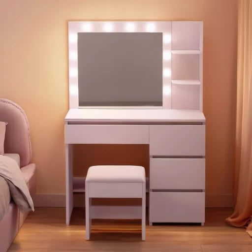 Coiffeuse ROSÉA - rose poudré, miroir Hollywood LED