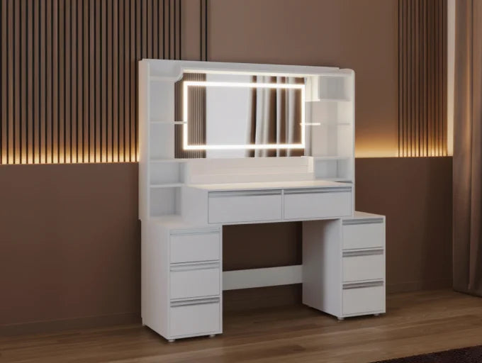 Coiffeuse LIORA - miroir LED, 8 tiroirs
