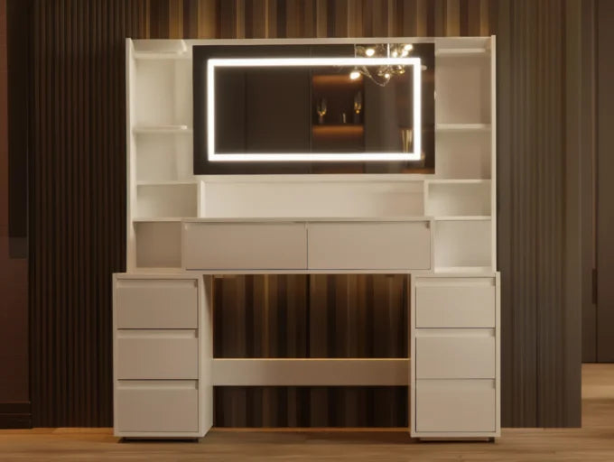 Coiffeuse LIORA - miroir LED, 8 tiroirs