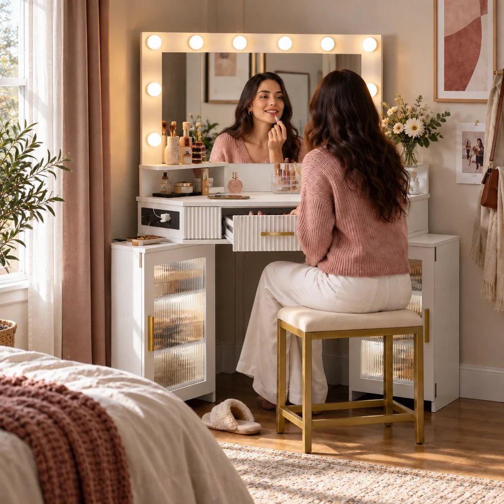Woman doing her makeup at the Cora corner dressing table