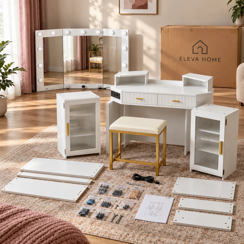 Cora corner dressing table, box contents and fixings