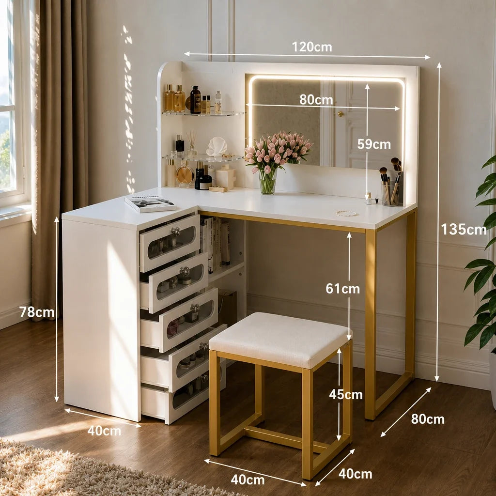 Corner Dressing Table with Mirror - Gold Legs, 5 Drawers