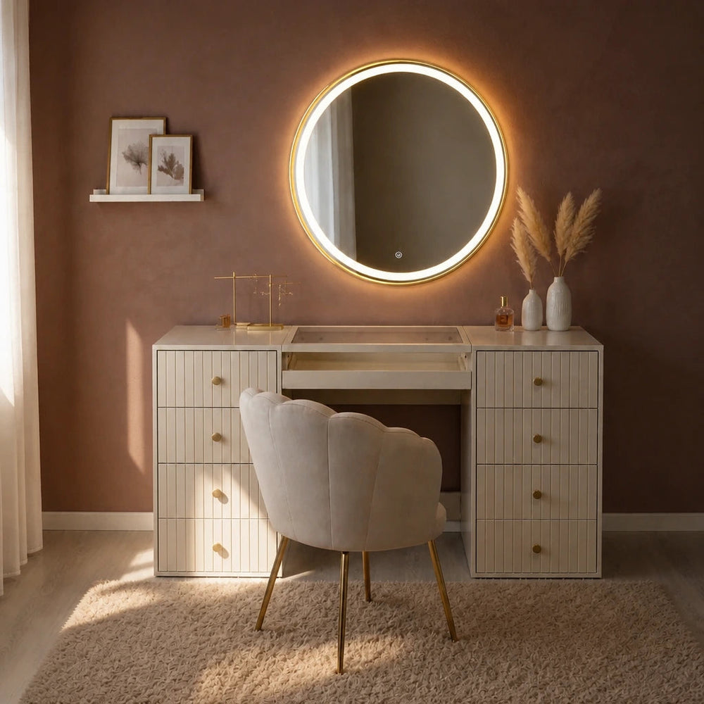 Cream dressing table with a round lighted mirror and a shell back chair