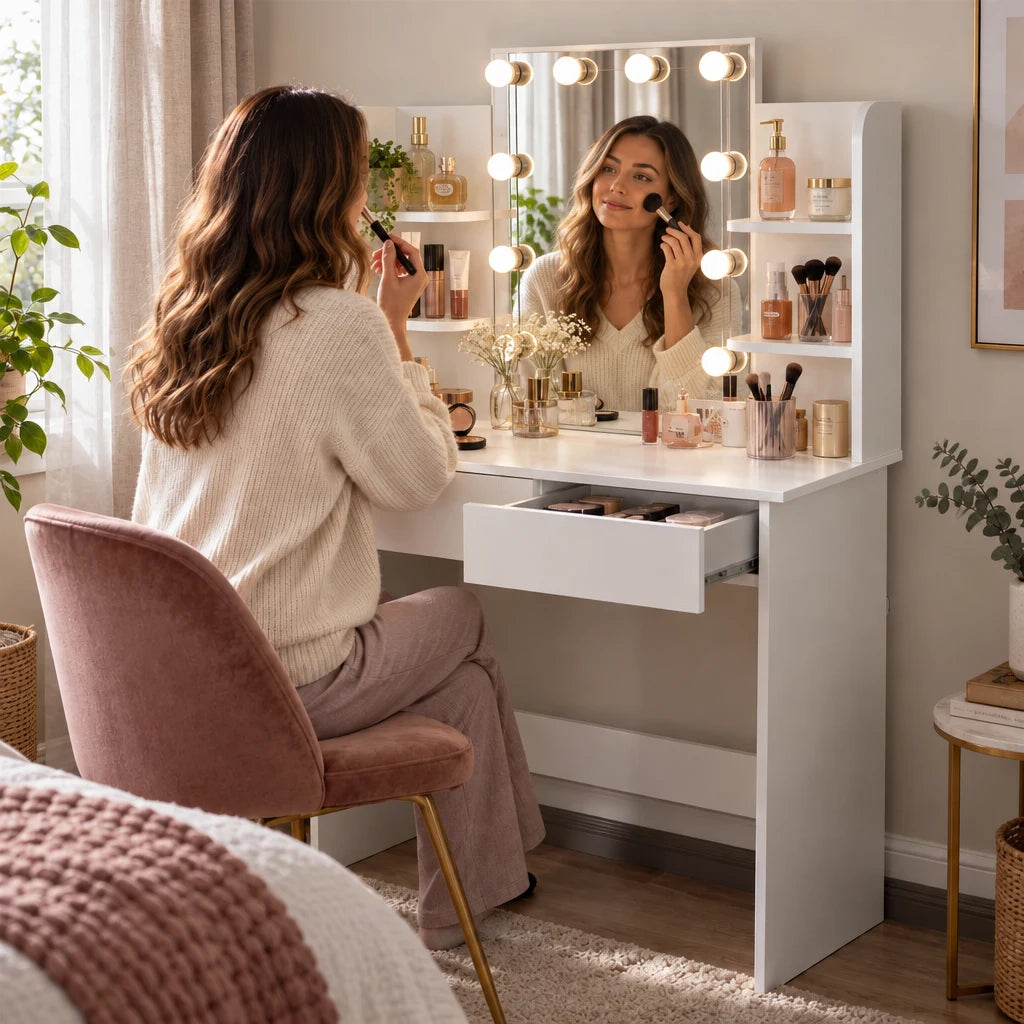 Woman doing her makeup at the Hallie Hollywood dressing table