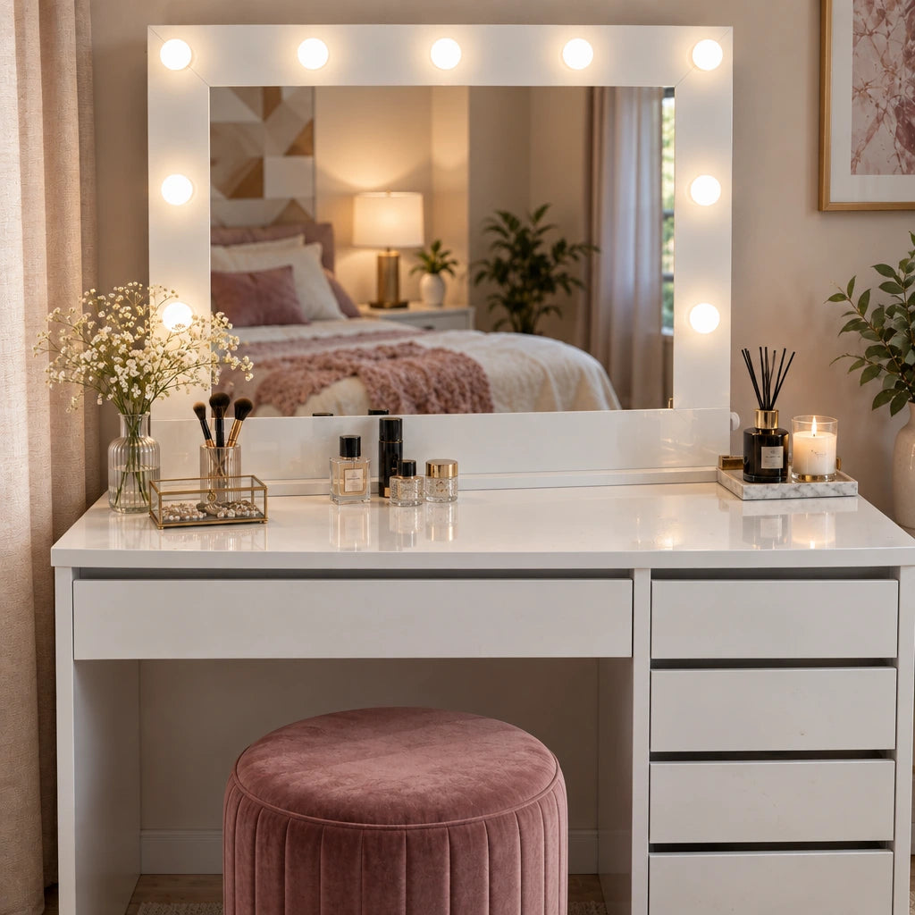 Grace Hollywood dressing table, mirror lights on