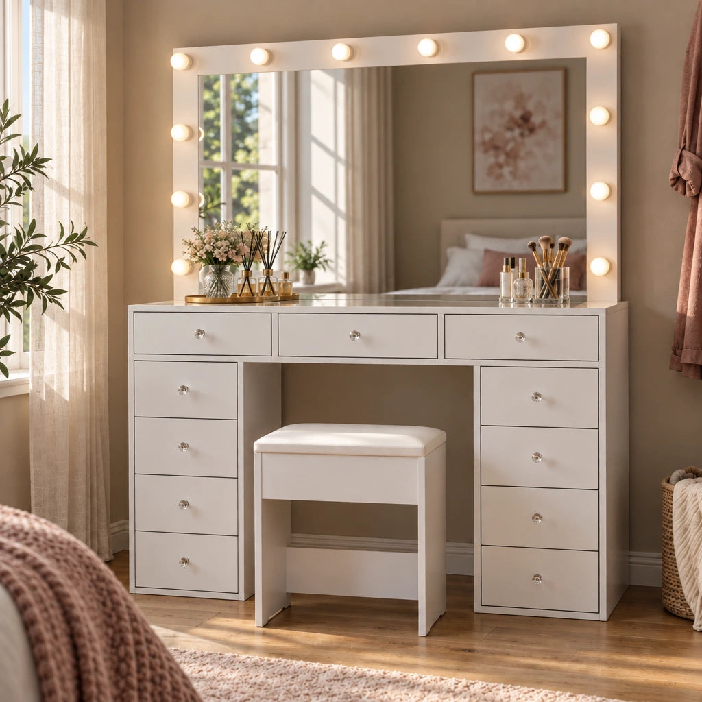 Dressing Table with Hollywood Mirror, Stool and 11 Drawers - 120cm