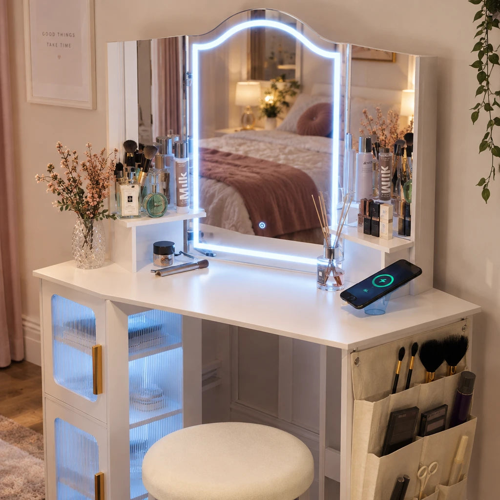 Amelie dressing table set, mirror lights on