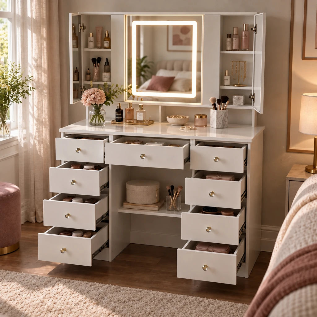 Livia tri-fold mirror dressing table with drawers open