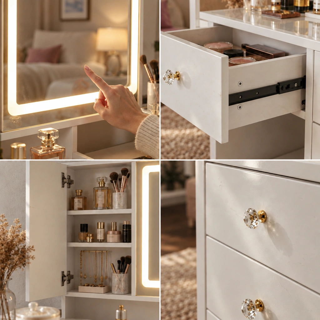 Livia tri-fold mirror dressing table, close-up details
