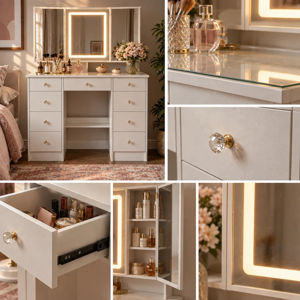 Livia tri-fold mirror dressing table, finish close-up