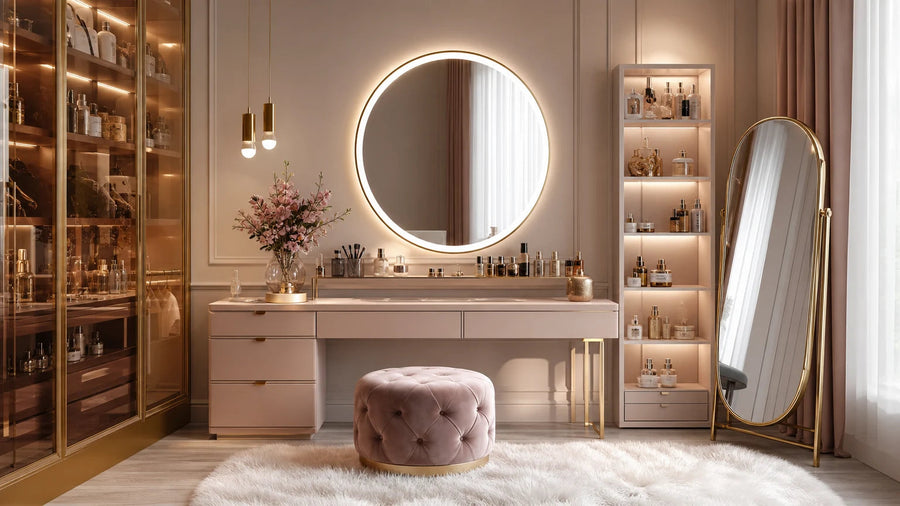Beauty room with a dressing table, round lighted mirror and floor mirror