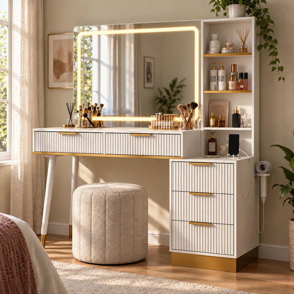 Fluted Dressing Table with LED Mirror - White and Gold, 122cm
