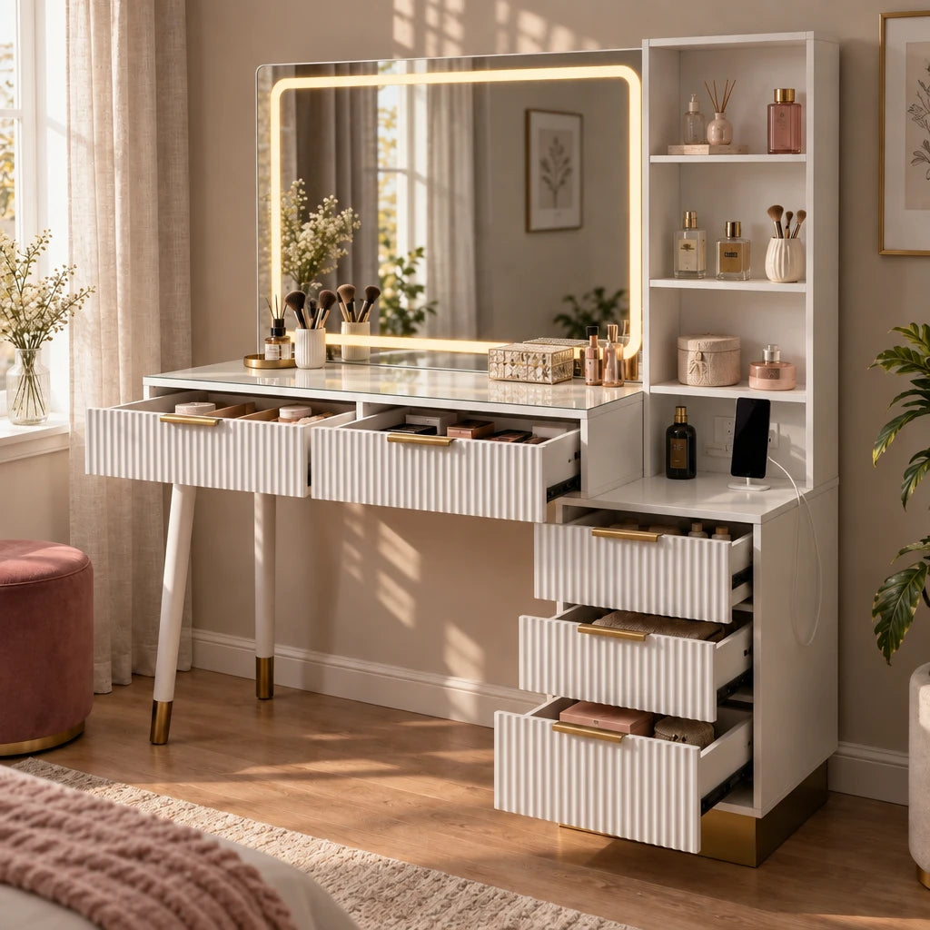 Celeste fluted dressing table with drawers open