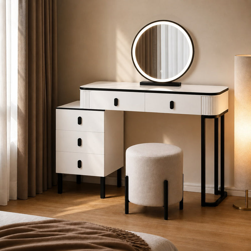 Monochrome Chic Round Mirror Dressing Table | Eleva regenerated |01