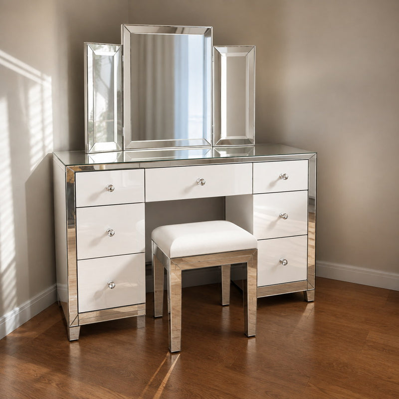 Mirror Mirror Tri-Fold Vanity Set with Stool | Eleva regenerated |01