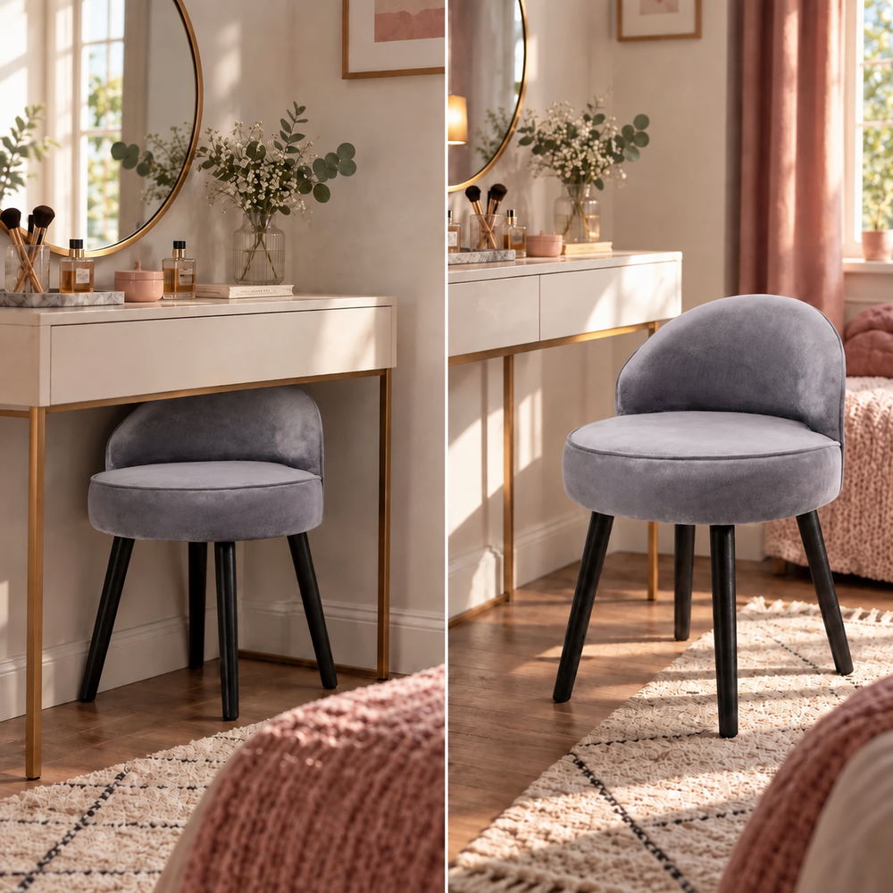 Gentle Curve Velvet Vanity Chair in Grey | Eleva regenerated |03