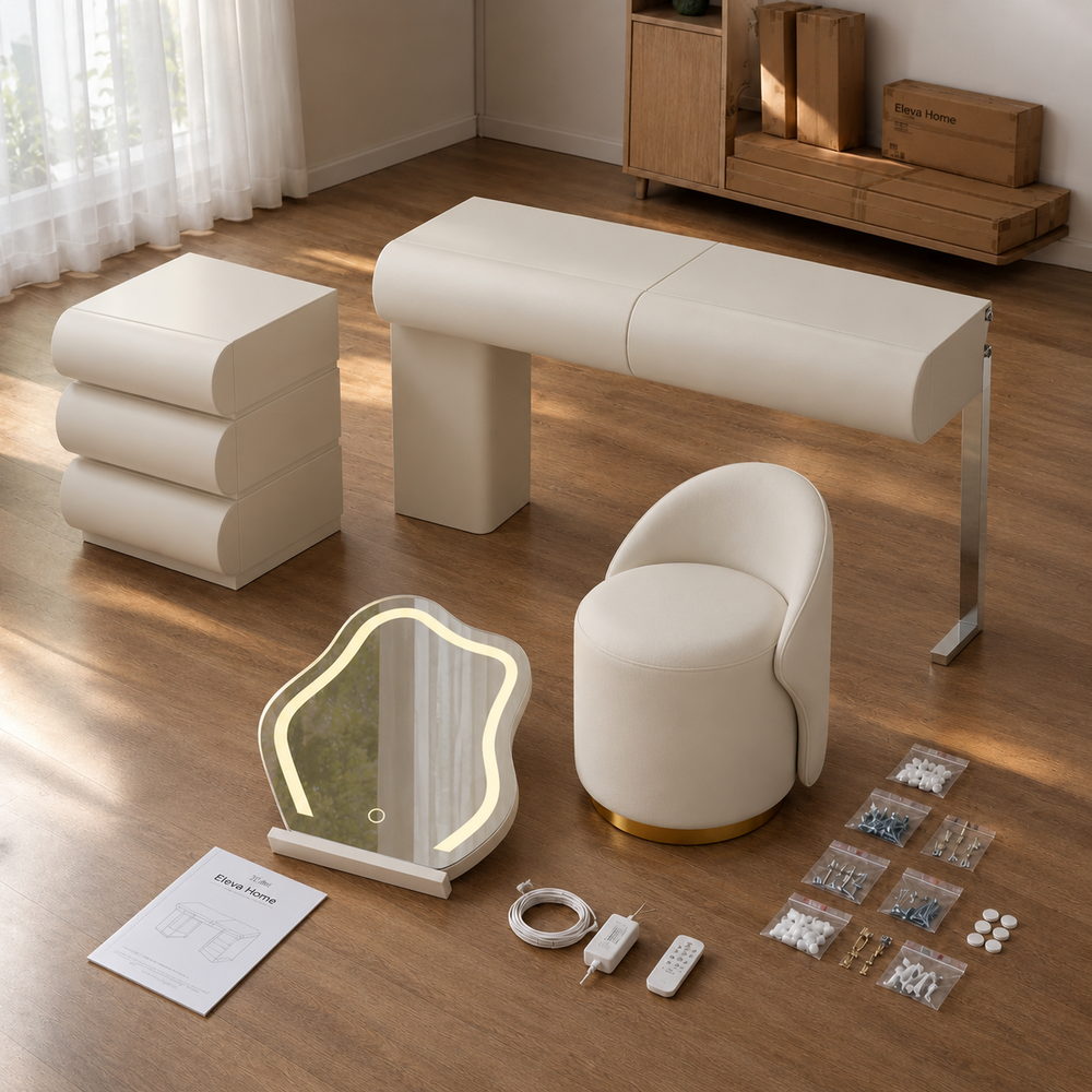 Pillow-Soft Faux Leather Vanity Set in White | Eleva regenerated |09