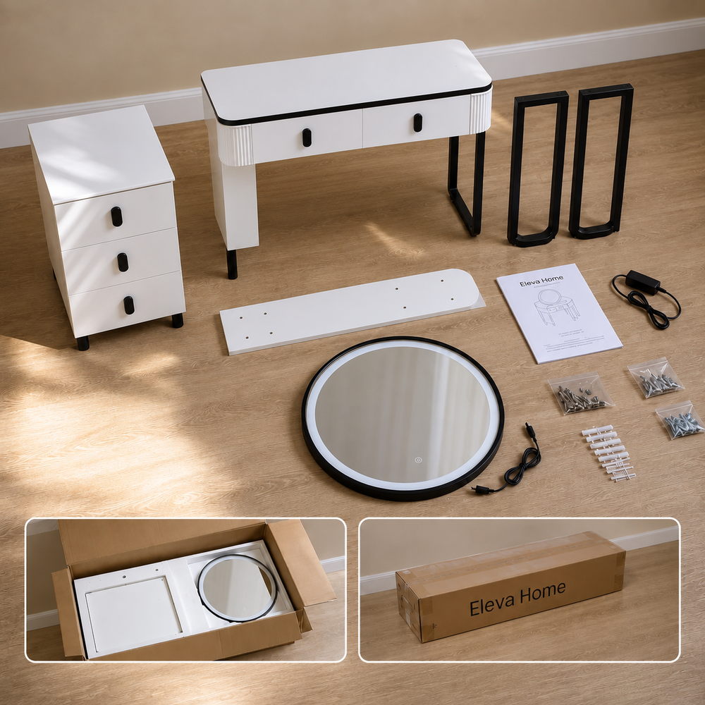 Monochrome Chic Round Mirror Dressing Table | Eleva regenerated |09