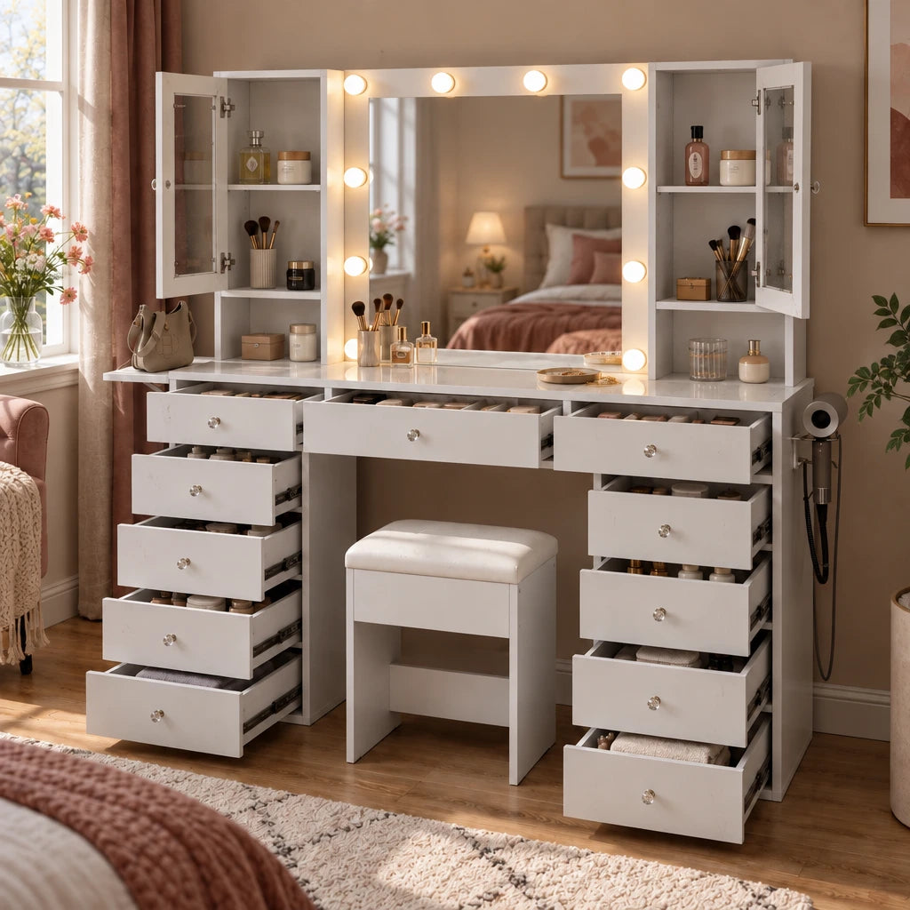 Roxy large Hollywood dressing table with drawers open