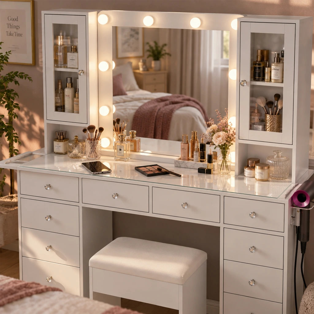 Roxy large Hollywood dressing table, mirror lights on