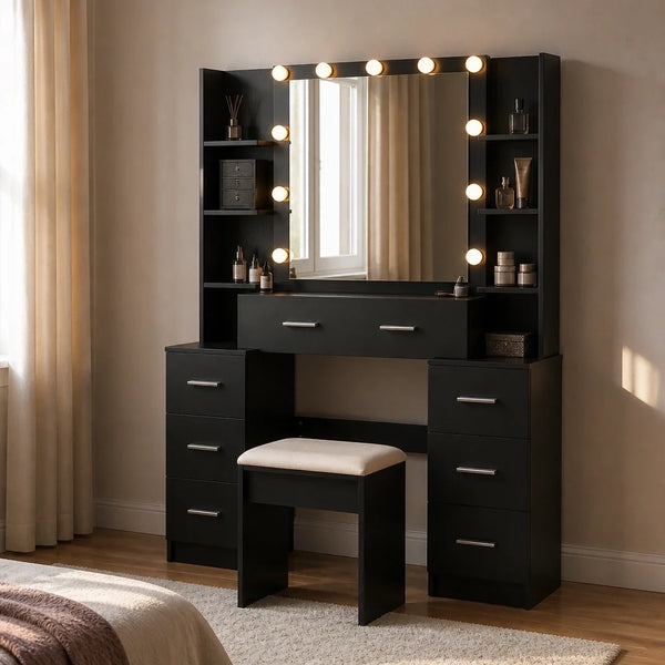 Coiffeuse NÉROA - miroir Hollywood, noir mat